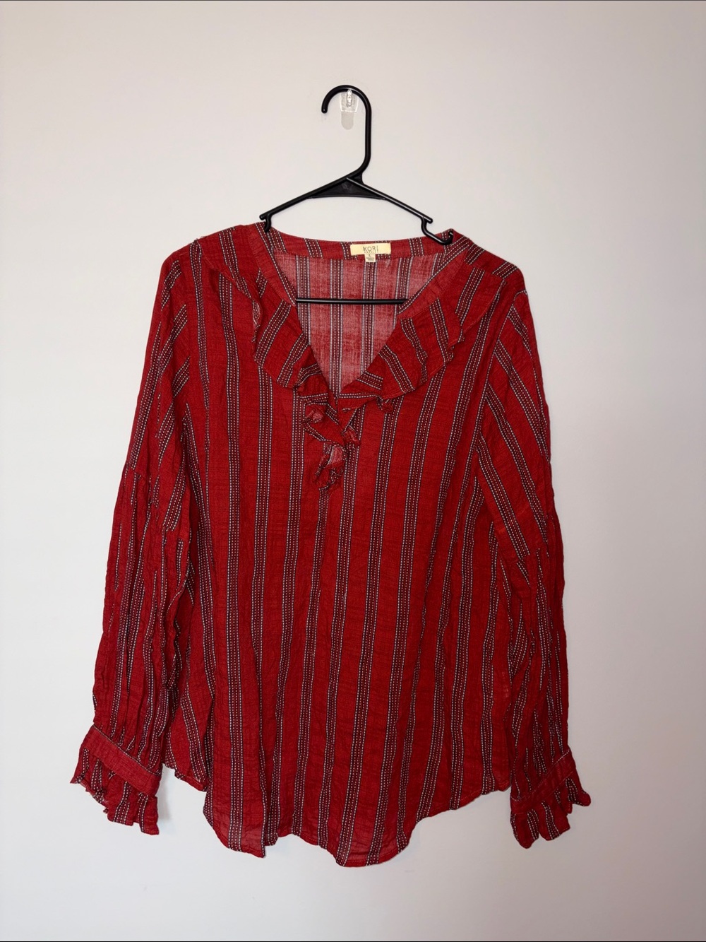 Women’s Kori America Burnt Orange Striped Ruffle-Trim Blouse Large